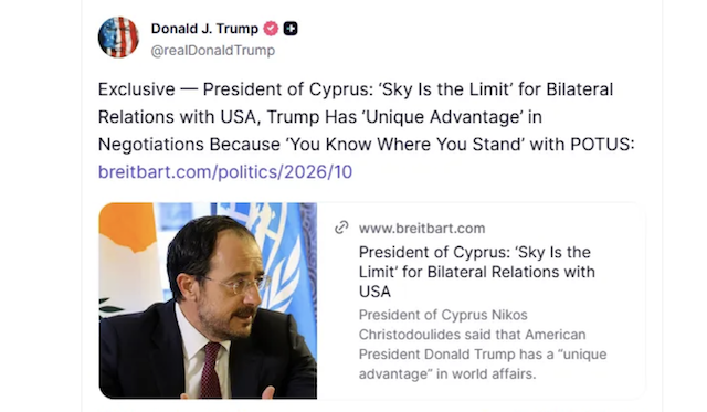 Trump, Hristodulidis röportajını yeniden paylaştı: “ABD-Kıbrıs ilişkilerinde sınır gökyüzü”